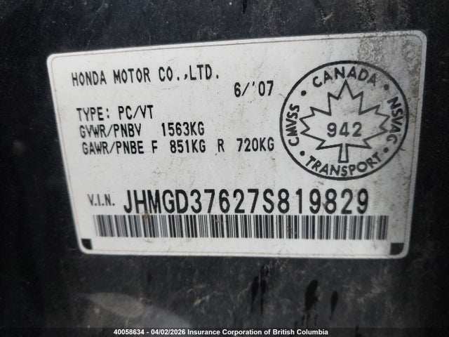 Продаж на аукціоні авто 2007 Honda Fit, vin: JHMGD37627S819829, номер лоту: 40058634