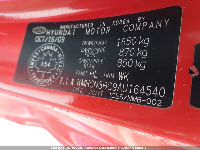 2010 Hyundai Accent Gl მანქანა იყიდება აუქციონზე, vin: KMHCN3BC9AU164540, აუქციონის ნომერი: 40058645