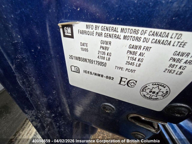 2006 Chevrolet Impala Ls მანქანა იყიდება აუქციონზე, vin: 2G1WB58N769179050, აუქციონის ნომერი: 40058659