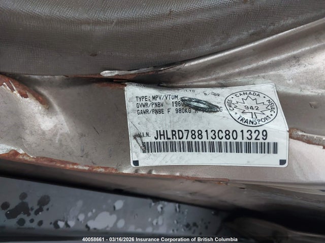 Aukcja sprzedaży 2003 Honda Cr-v, vin: JHLRD78813C801329, numer aukcji: 40058661