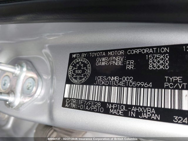 JTDKDTB34E1059964 Toyota PRIUS C
