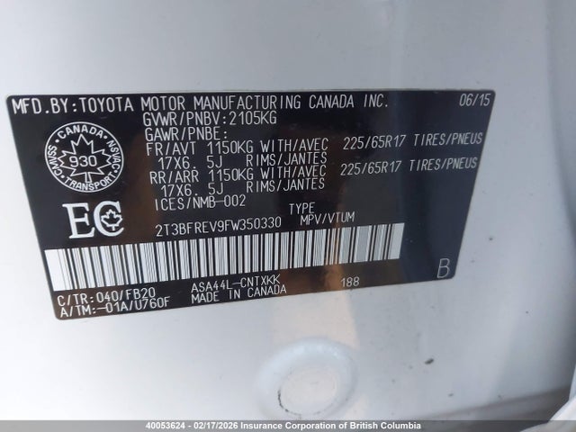 Aukcja sprzedaży 2015 Toyota Rav4 Le, vin: 2T3BFREV9FW350330, numer aukcji: 40053624