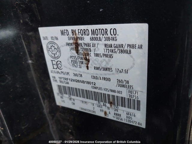 2006 Ford F150 მანქანა იყიდება აუქციონზე, vin: 1FTRF12W26NB18012, აუქციონის ნომერი: 40050327