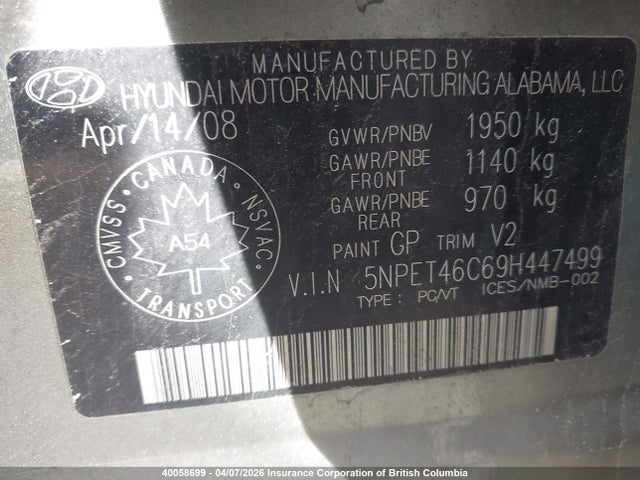 40058699 :رقم المزاد ، 5NPET46C69H447499 vin ، 2009 Hyundai Sonata Gls مزاد بيع