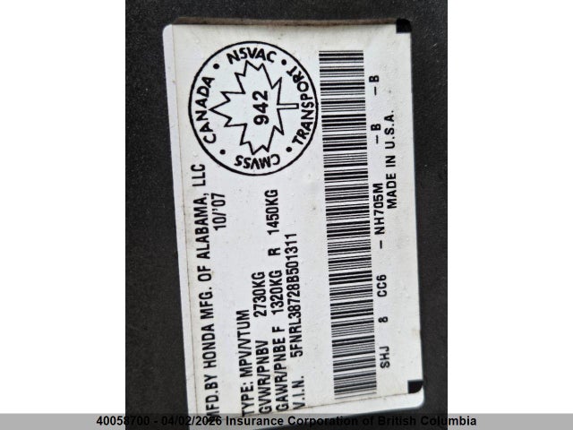 Aukcja sprzedaży 2008 Honda Odyssey Exl, vin: 5FNRL38728B501311, numer aukcji: 40058700
