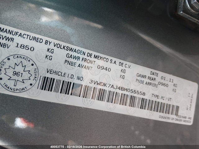 Продажа на аукционе авто 2011 Volkswagen Jetta, vin: 3VWDK7AJ4BM055558, номер лота: 40053775