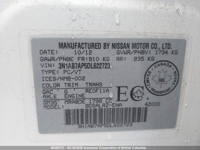 40058707 :رقم المزاد ، 3N1AB7AP5DL622723 vin ، 2013 Nissan Sentra S/sv/sr/sl مزاد بيع