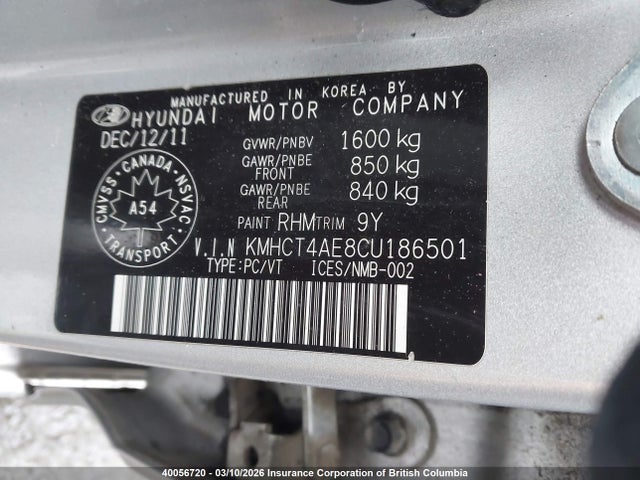 Aukcja sprzedaży 2012 Hyundai Accent Gls/gs, vin: KMHCT4AE8CU186501, numer aukcji: 40056720
