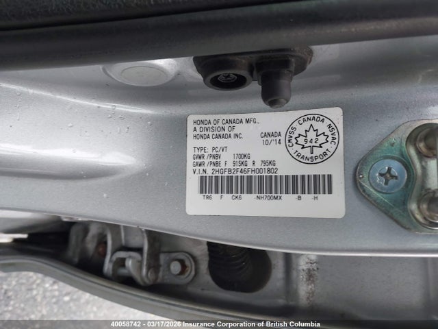 Продажа на аукционе авто 2015 Honda Civic, vin: 2HGFB2F46FH001802, номер лота: 40058742