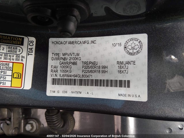 Продажа на аукционе авто 2016 Honda Cr-v Touring, vin: 5J6RM4H94GL800471, номер лота: 40051147