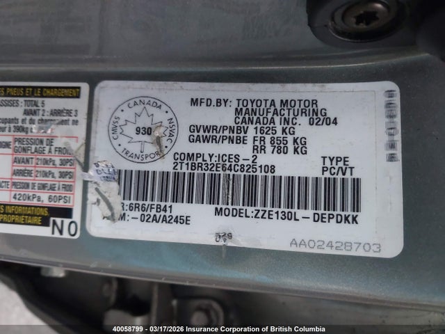 Aukcja sprzedaży 2004 Toyota Corolla Ce/le/s, vin: 2T1BR32E64C825108, numer aukcji: 40058799