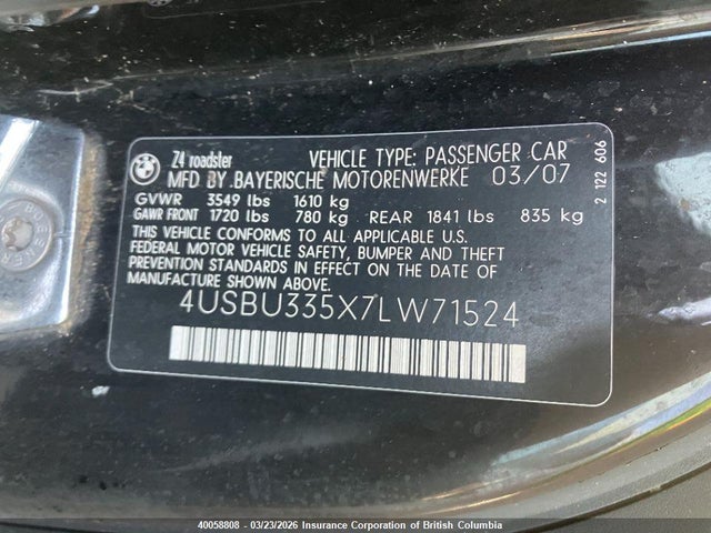 Продажа на аукционе авто 2007 Bmw Z4, vin: 4USBU335X7LW71524, номер лота: 40058808