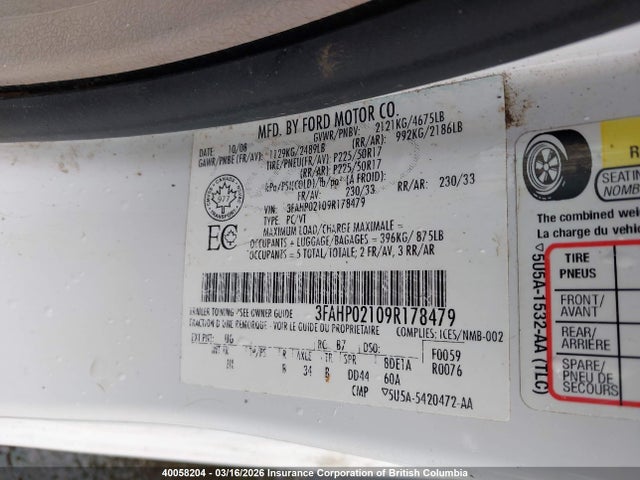 40058204 :رقم المزاد ، 3FAHP02109R178479 vin ، 2009 Ford Fusion Sel مزاد بيع
