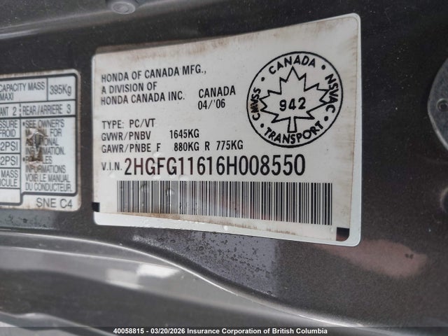 Aukcja sprzedaży 2006 Honda Civic, vin: 2HGFG11616H008550, numer aukcji: 40058815
