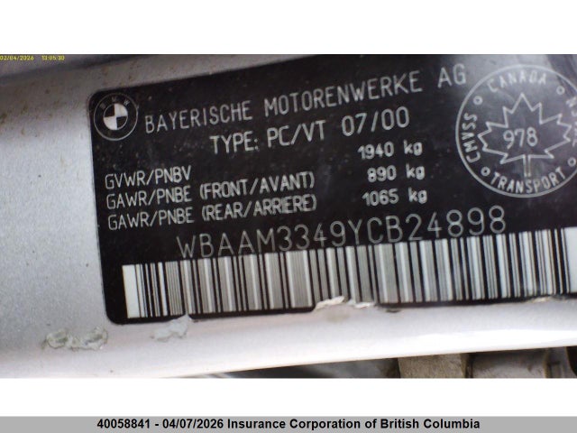 Aukcja sprzedaży 2000 Bmw 323i, vin: WBAAM3349YCB24898, numer aukcji: 40058841