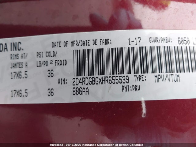 2C4RDGBGXHR655539 Dodge Grand Caravan Cvp/sxt