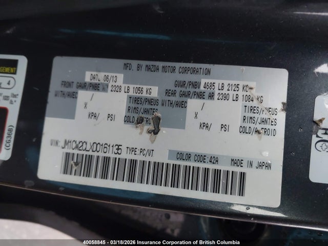 Aukcja sprzedaży 2013 Mazda 5, vin: JM1CW2CLXD0161135, numer aukcji: 40058845