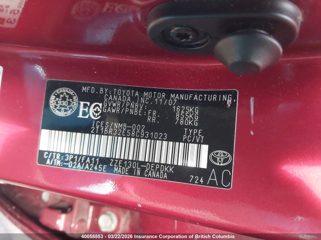 40058853 :رقم المزاد ، 2T1BR32E58C931023 vin ، 2008 Toyota Corolla Ce/le/s مزاد بيع
