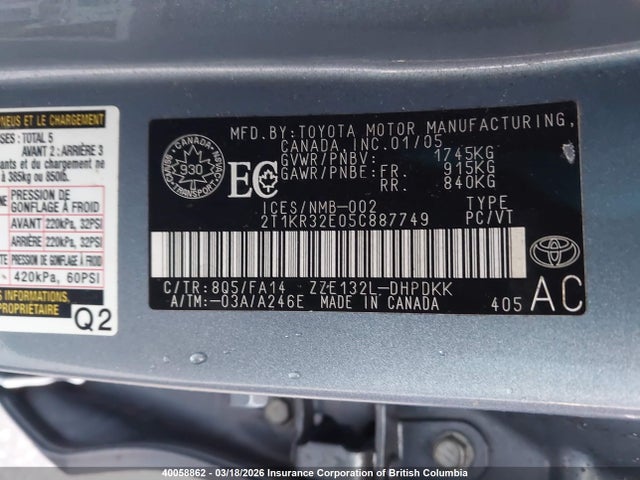 Aukcja sprzedaży 2005 Toyota Corolla Matrix Xr, vin: 2T1KR32E05C887749, numer aukcji: 40058862