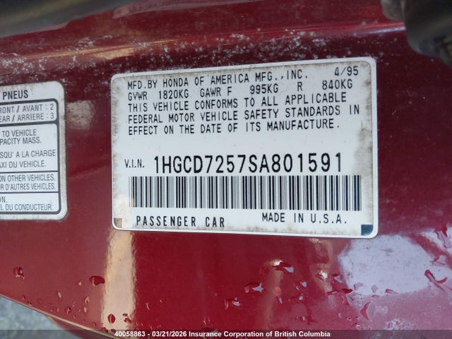 Aukcja sprzedaży 1995 Honda Accord Ex, vin: 1HGCD7257SA801591, numer aukcji: 40058863