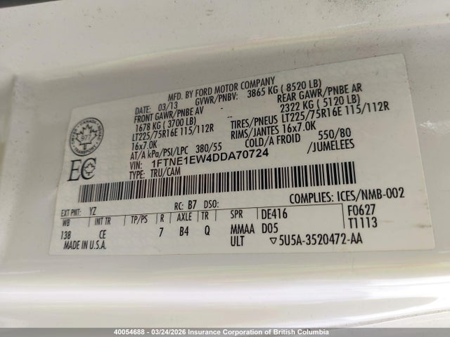 40054688 :رقم المزاد ، 1FTNE1EW4DDA70724 vin ، 2013 Ford Econoline E150 Van مزاد بيع