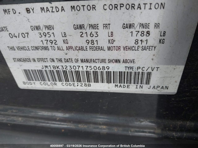 Aukcja sprzedaży 2007 Mazda 3 S, vin: JM1BK323071750689, numer aukcji: 40058897