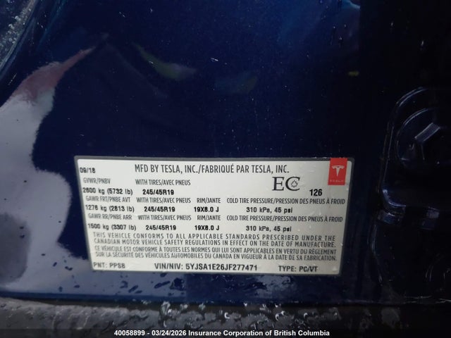 2018 Tesla Model S 100d/75d/p100d მანქანა იყიდება აუქციონზე, vin: 5YJSA1E26JF277471, აუქციონის ნომერი: 40058899