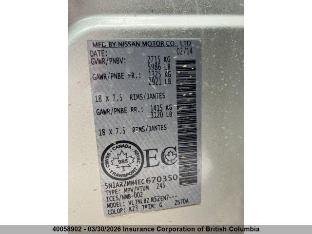5N1AR2MM4EC670350 Nissan Pathfinder S/sv/sl/platinum