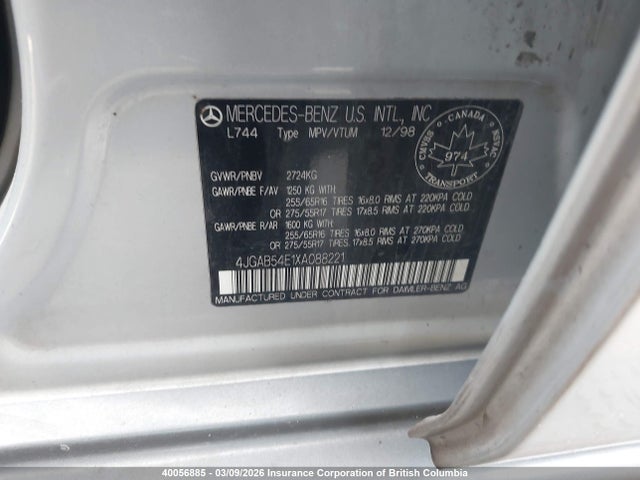 40056885 :رقم المزاد ، 4JGAB54E1XA088221 vin ، 1999 Mercedes-benz Ml 320 مزاد بيع