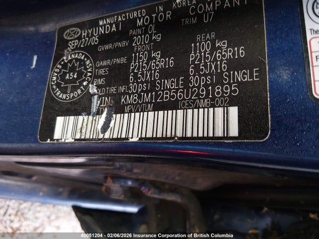 Продажа на аукционе авто 2006 Hyundai Tucson Gl, vin: KM8JM12B56U291895, номер лота: 40051204