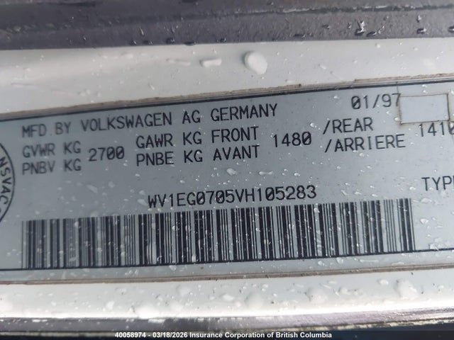 40058974 :رقم المزاد ، WV1EG0705VH105283 vin ، 1997 Volkswagen Eurovan Transporter مزاد بيع