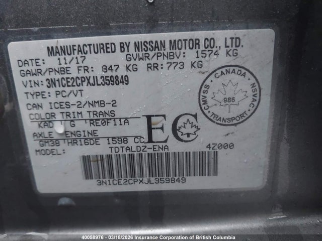 Продажа на аукционе авто 2018 Nissan Versa, vin: 3N1CE2CPXJL359849, номер лота: 40058976