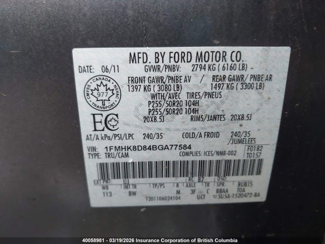 Продажа на аукционе авто 2011 Ford Explorer Xlt, vin: 1FMHK8D84BGA77584, номер лота: 40058981