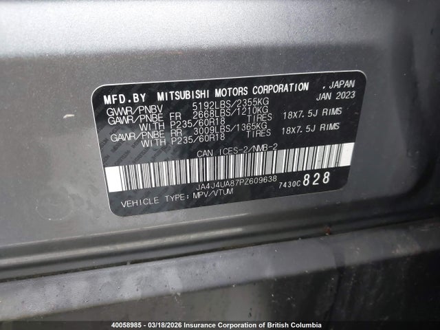 JA4J4UA87PZ609638 Mitsubishi Outlander Le/le Premium/noir/se/sel