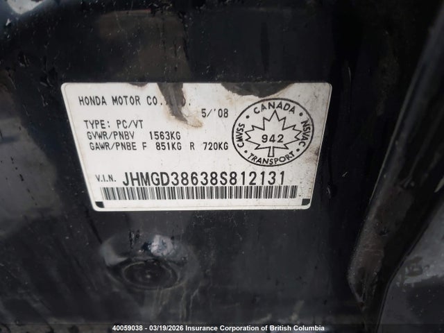 40059038 :رقم المزاد ، JHMGD38638S812131 vin ، 2008 Honda Fit مزاد بيع