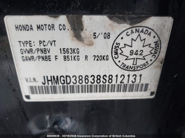 40059038 :رقم المزاد ، JHMGD38638S812131 vin ، 2008 Honda Fit مزاد بيع