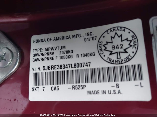 40059041 :رقم المزاد ، 5J6RE38347L800747 vin ، 2007 Honda Cr-v مزاد بيع