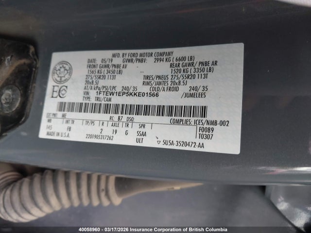 2019 Ford F150 Supercrew მანქანა იყიდება აუქციონზე, vin: 1FTEW1EP5KKE01566, აუქციონის ნომერი: 40058960
