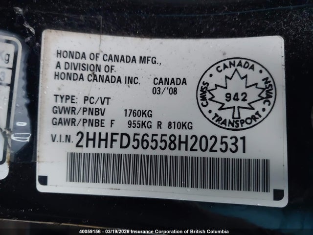 Aukcja sprzedaży 2008 Acura Csx, vin: 2HHFD56558H202531, numer aukcji: 40059156