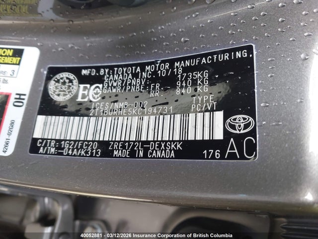 Aukcja sprzedaży 2019 Toyota Corolla L/le/xle/se/xse, vin: 2T1BURHE5KC194731, numer aukcji: 40052881