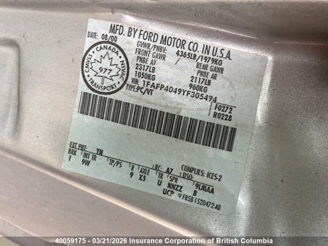 Продаж на аукціоні авто 2000 Ford Mustang, vin: 1FAFP4049YF305494, номер лоту: 40059175