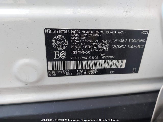 40049010 :رقم المزاد ، 2T3R1RFV4NC274026 vin ، 2022 Toyota Rav4 Xle/xle Premium مزاد بيع