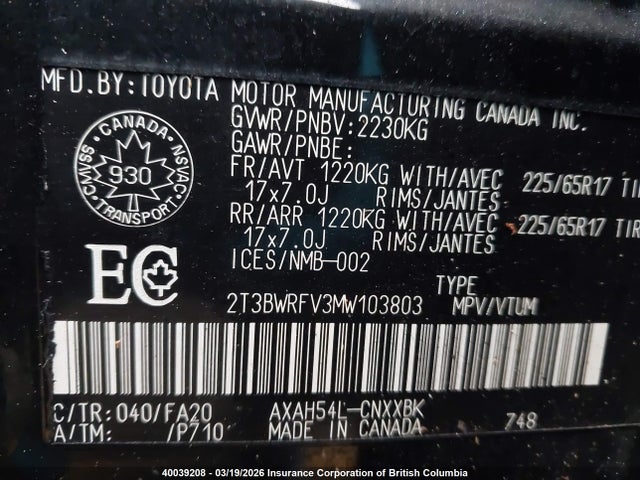 2021 Toyota Rav4 Le მანქანა იყიდება აუქციონზე, vin: 2T3BWRFV3MW103803, აუქციონის ნომერი: 40039208