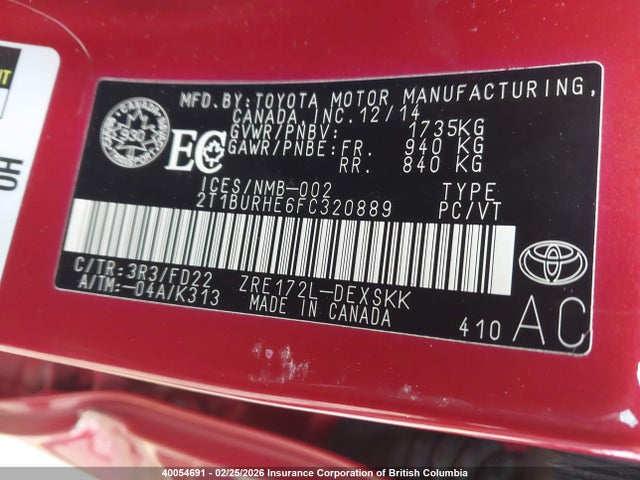 2T1BURHE6FC320889 Toyota Corolla L/le/le Pls/prm/s/s Pls