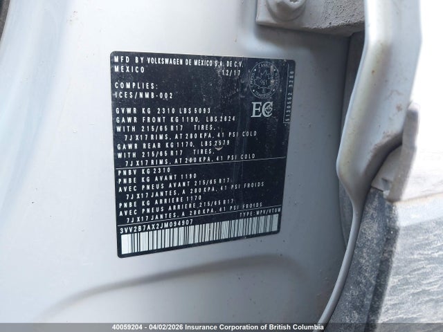 Продажа на аукционе авто 2018 Volkswagen Tiguan Se/sel, vin: 3VV2B7AX2JM094907, номер лота: 40059204