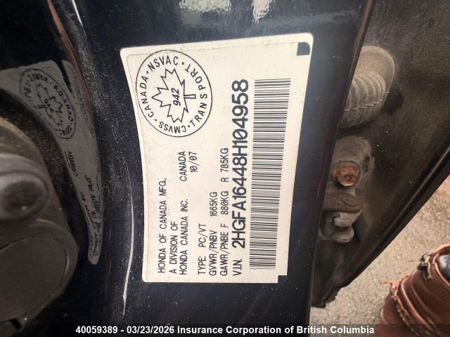 Aukcja sprzedaży 2008 Honda Civic, vin: 2HGFA16448H104958, numer aukcji: 40059389