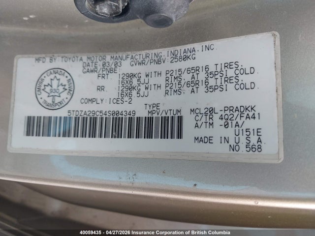 2004 Toyota Sienna Ce მანქანა იყიდება აუქციონზე, vin: 5TDZA29C54S004349, აუქციონის ნომერი: 40059435