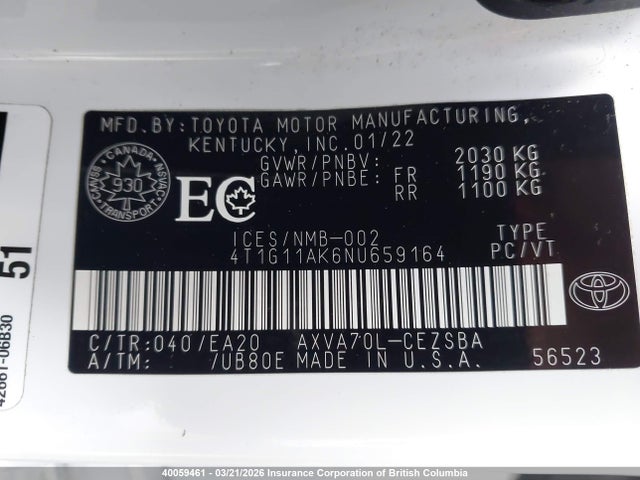 4T1G11AK6NU659164 Toyota Camry