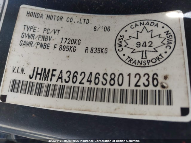 Продаж на аукціоні авто 2006 Honda Civic, vin: JHMFA36246S801236, номер лоту: 40059517