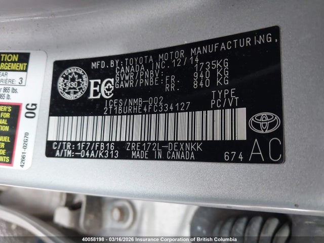 40058198 :رقم المزاد ، 2T1BURHE4FC334127 vin ، 2015 Toyota Corolla L/le/le Pls/prm/s/s Pls مزاد بيع